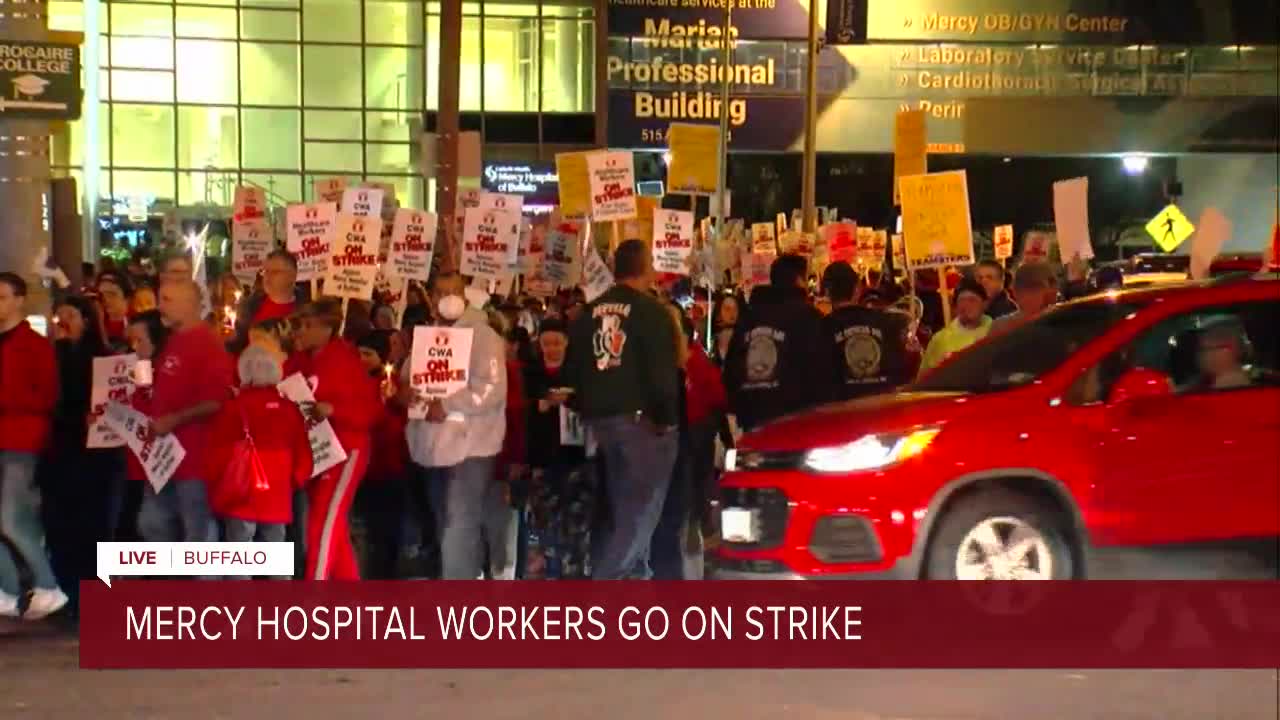 CWA workers at Catholic Health's Mercy Hospital begin strike
