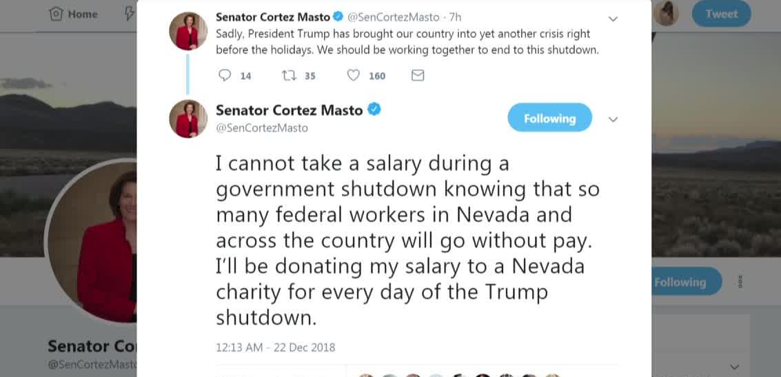 NV senator donating salary during gov't shutdown