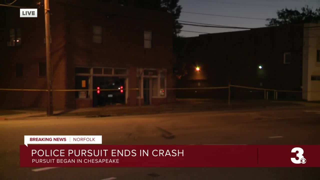 Vehicle crashed into building following police pursuit in Chesapeake