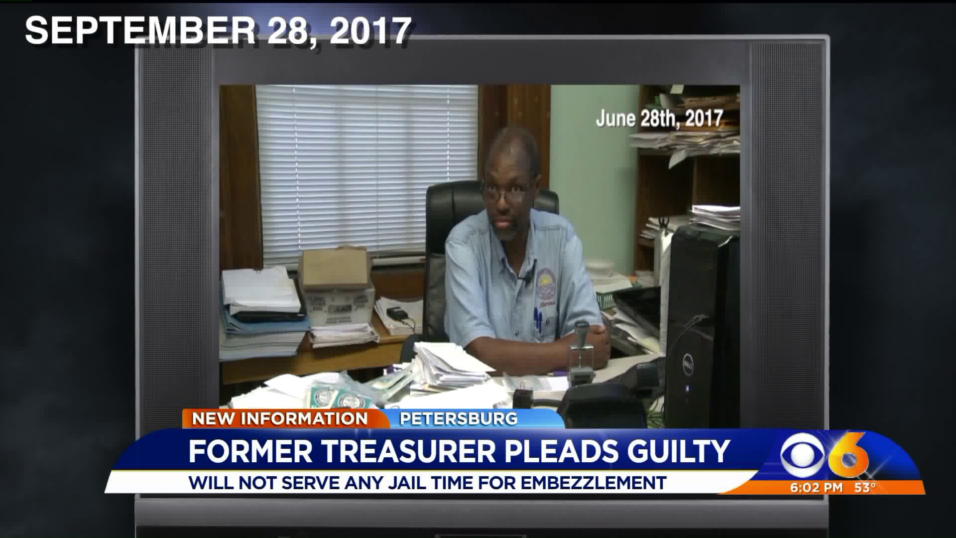 Former Petersburg treasurer pleads guilty to embezzlement; receives no